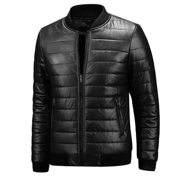 Men’s Black Bomber Genuine Sheepskin Quilted Thick Fashionable Casual Lightweight Puffer Leather Jacket