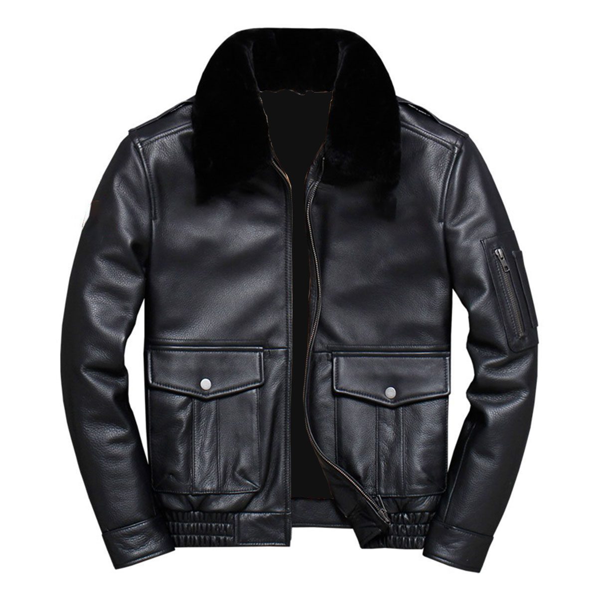 Men’s Genuine Sheep Leather Warm Faux Fur Collar Pilot Airforce Chaqueta Coat Jacket