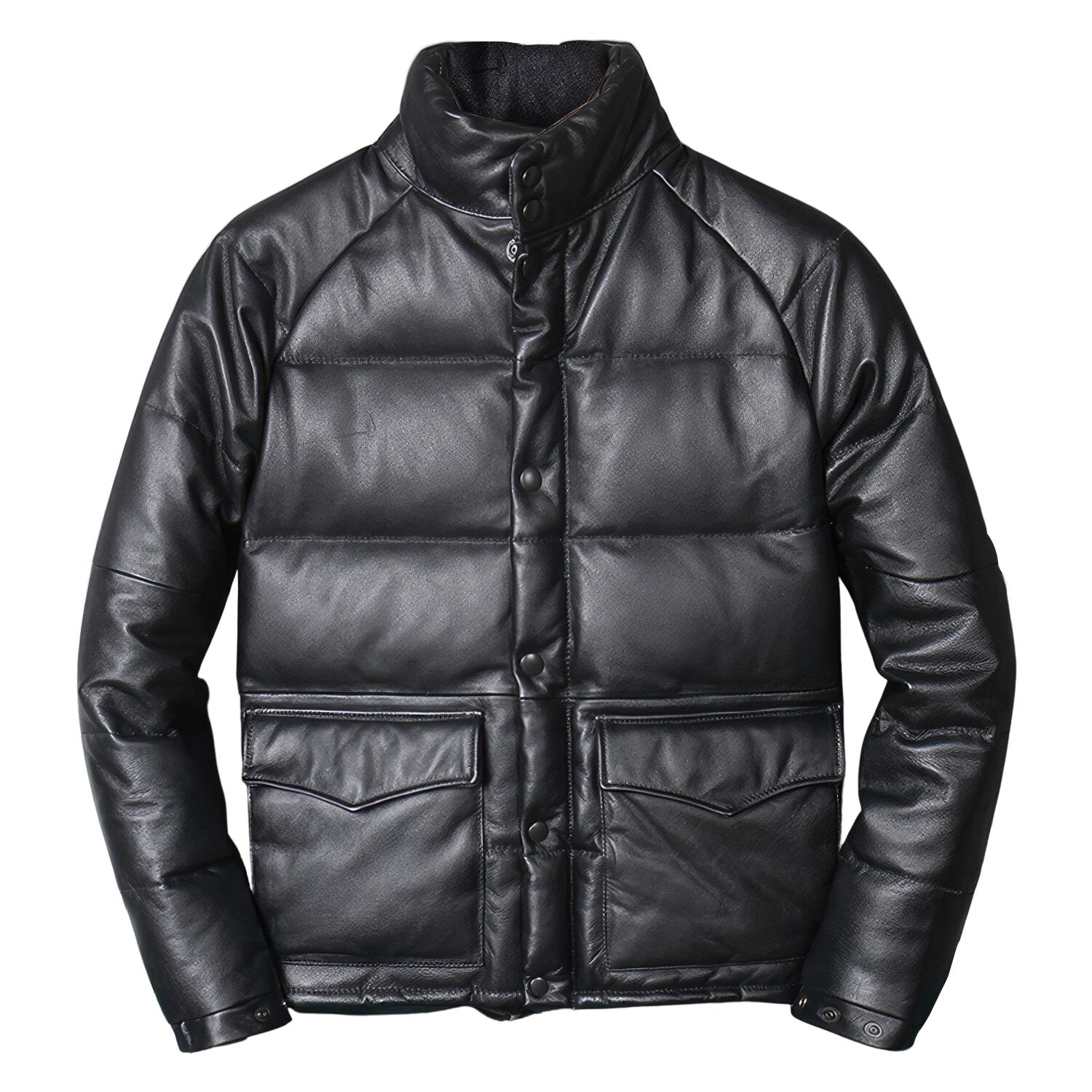 Men’s Black Genuine Sheepskin High Neck Padded Thick Bomber Leather Jacket