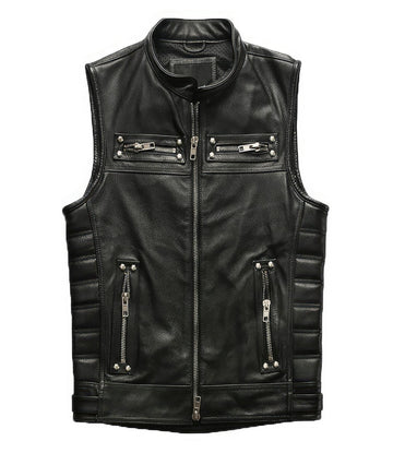 Men’s Biker Black Sleeveless Vest Leather Waistcoat