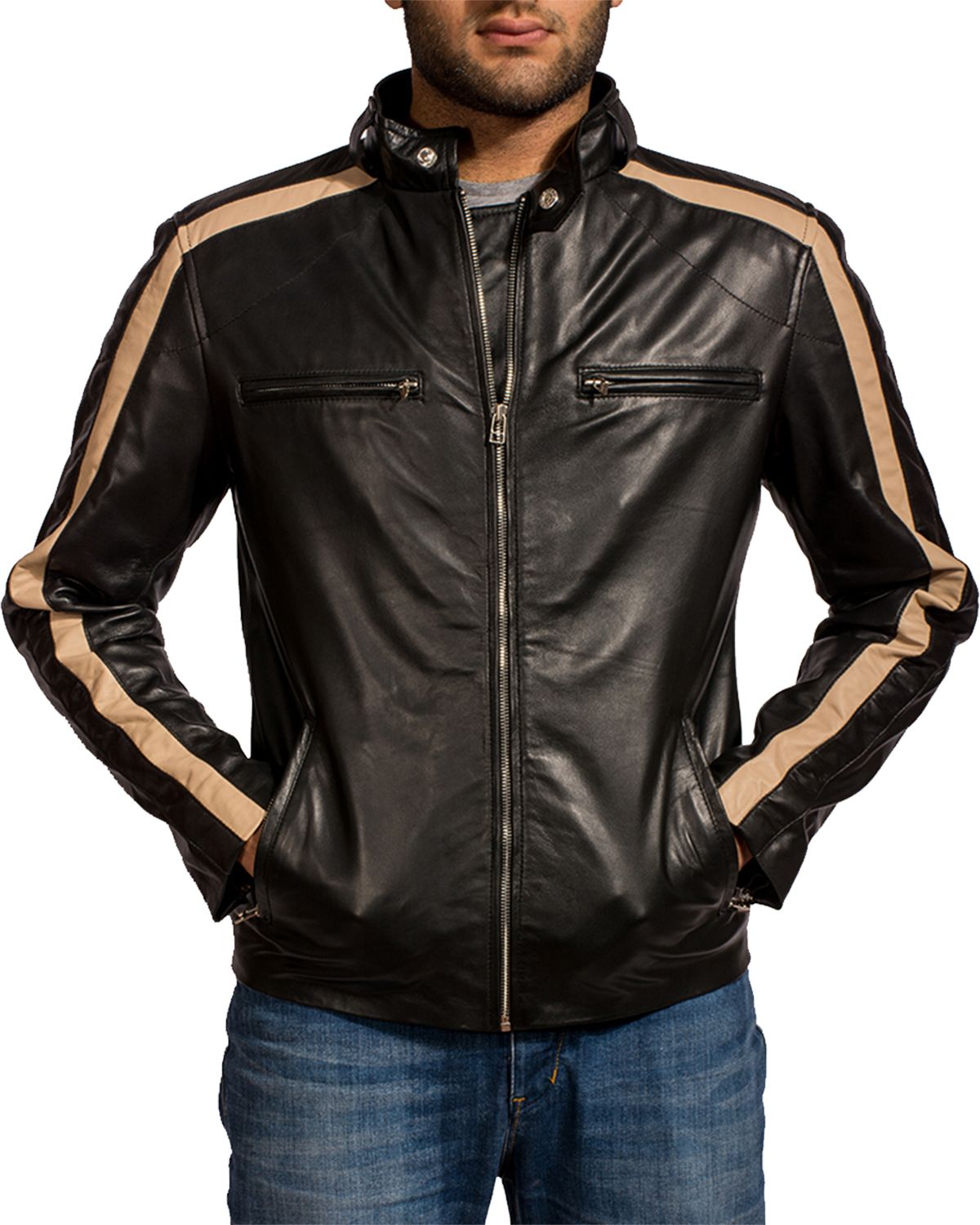 Men's Creame Stripes Black Biker Leather Jacket