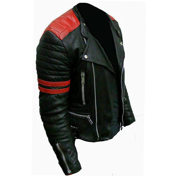 Men’s Cafe Racer Leather Jacket with Red Stripes