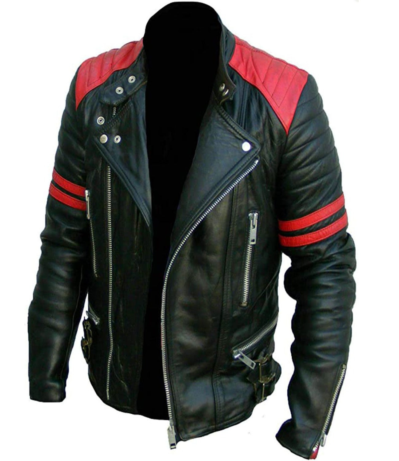 Men’s Cafe Racer Leather Jacket with Red Stripes