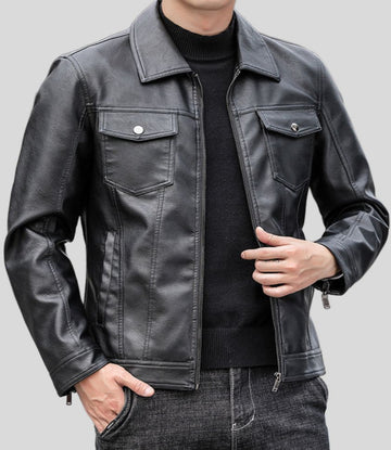 Mens Shirt Style Black Leather Jacket