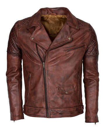Men's Distressed Brown Brando Biker Genuine Sheepskin Leather Jacket