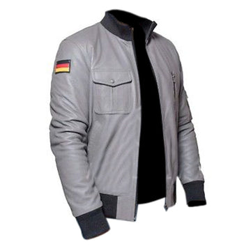 German Flight Luftwaffe Grey Leather Jacket with German Flag