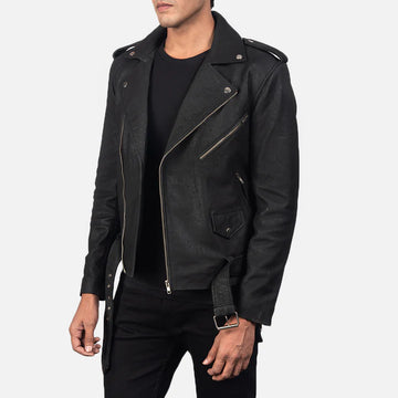 MARSHAL DISTRESSED BLACK LEATHER BIKER JACKET