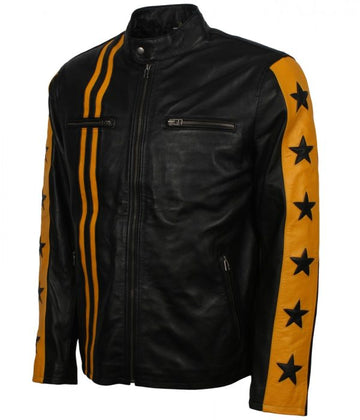 Yellow & Black Stars Striped Leather Jacket