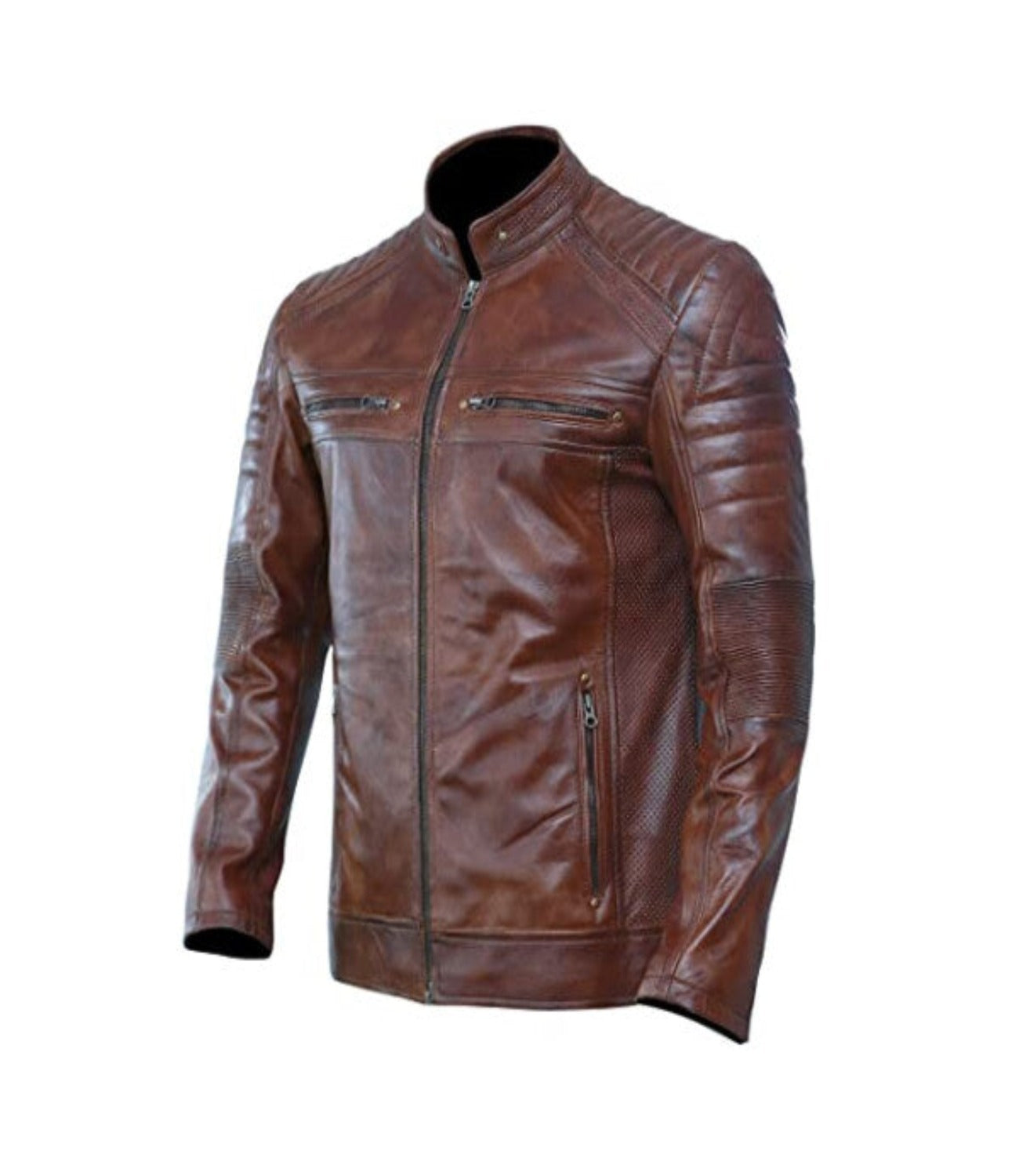 Men’s Brown Zip Embellished Leather Jacket