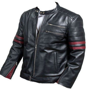 Men’s Retro Black Leather Jacket with Strips