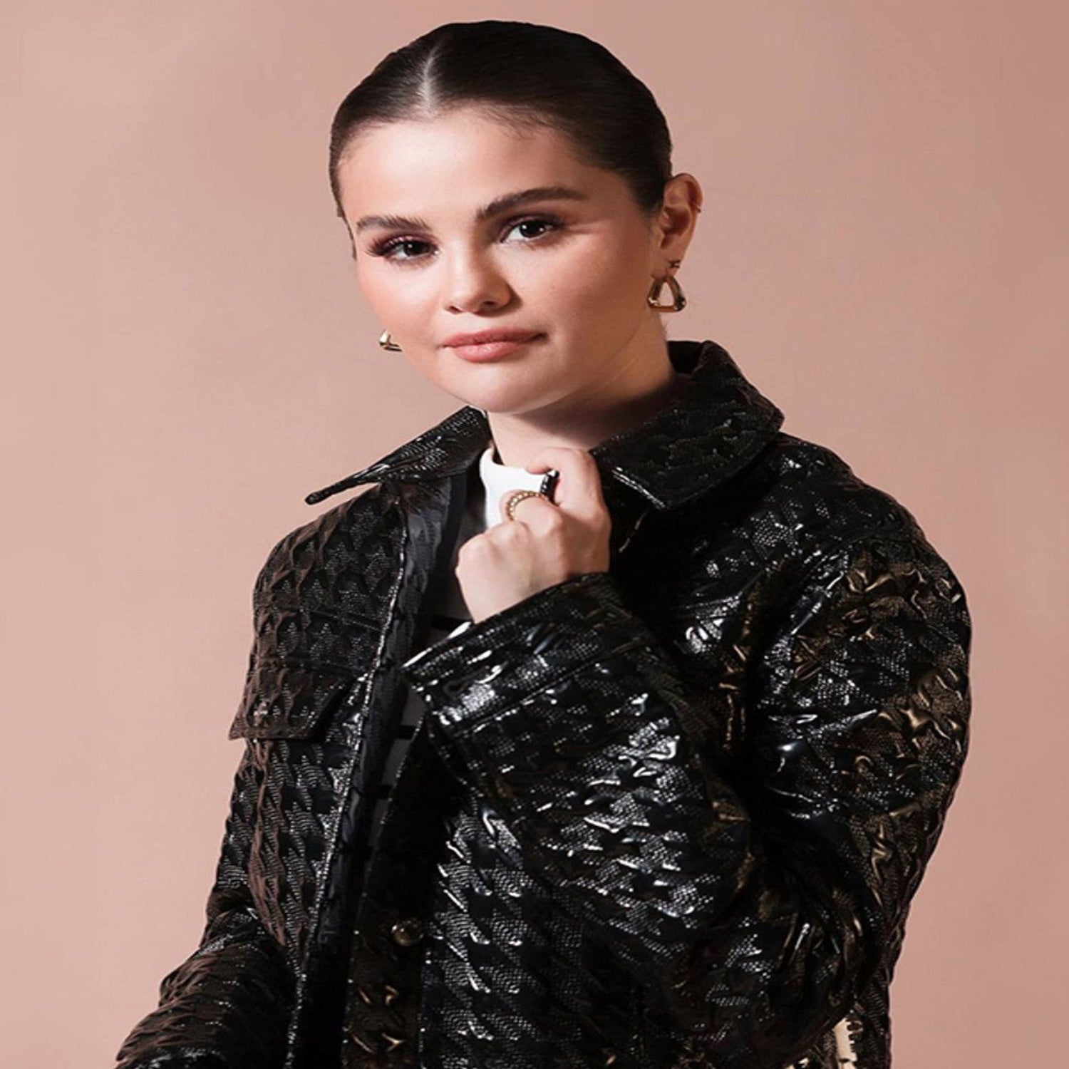 Selena Gomez 2023 Houndstooth Pattern Biker Jacket