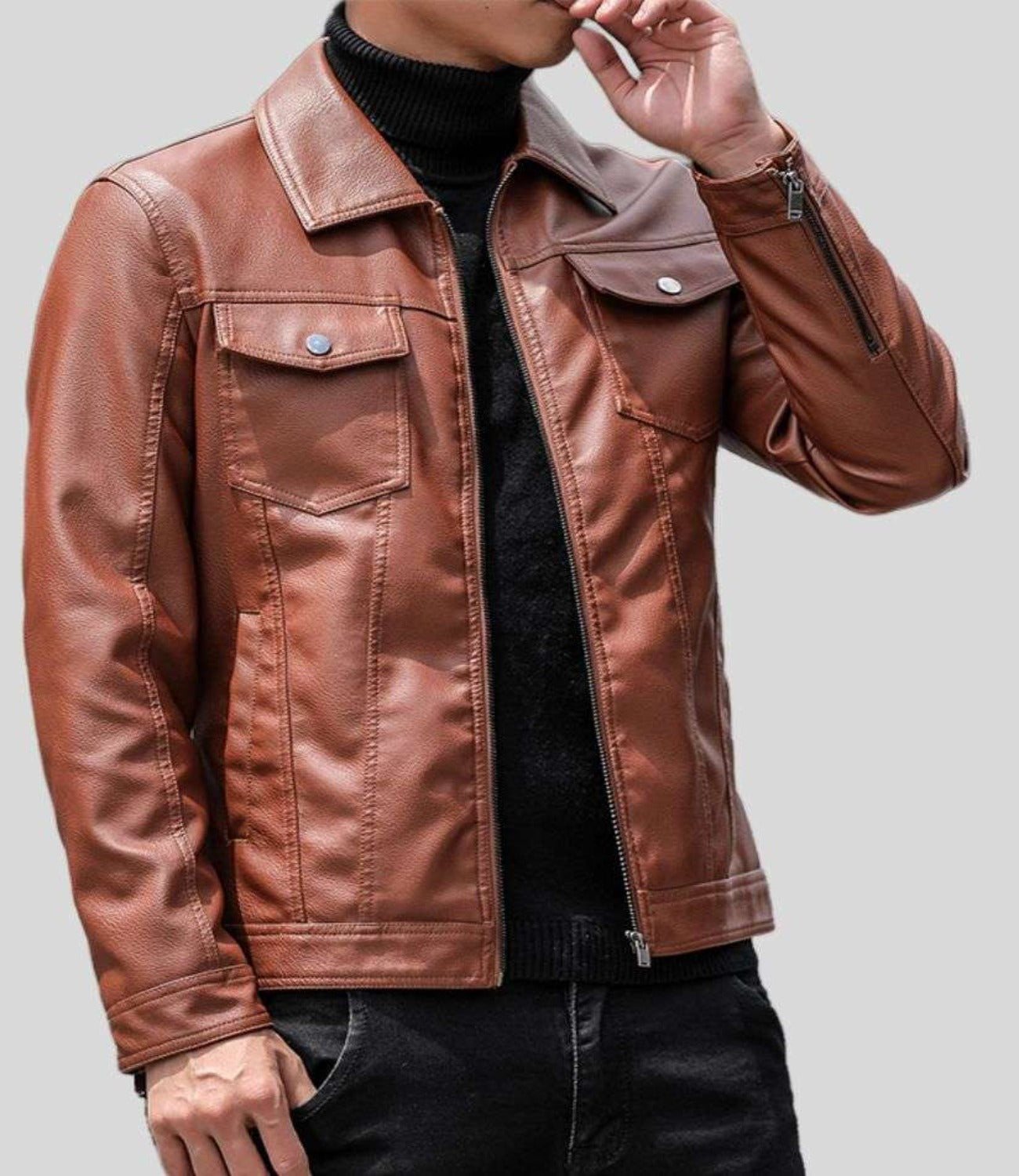 Men’s Shirt Collar Leather Jacket in Tan