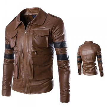 Men’s Brown Designer Vintage Leather Jacket with Black Strips