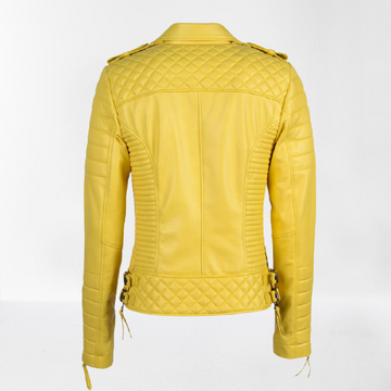 Yellow Side Zipper Biker Leather Jacket