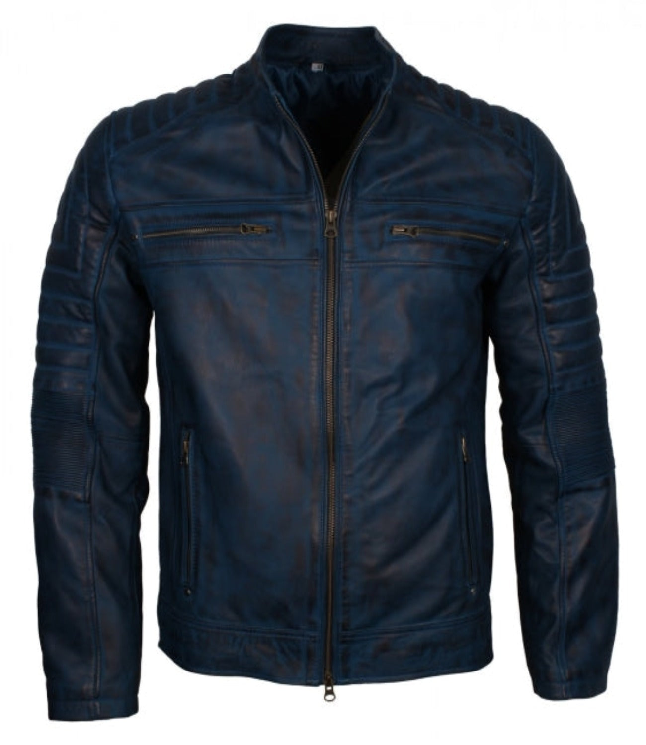 Men’s Blue Leather Cafe Racer Biker Jacket