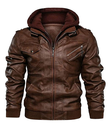 Men's Detachable Hooded Biker Motorcycle Leather Jacket