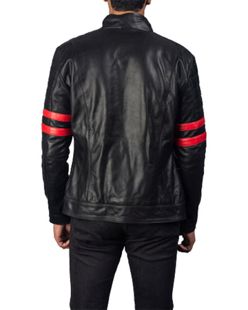 Men's Black Biker With Red Stripes Real Leather Jacket