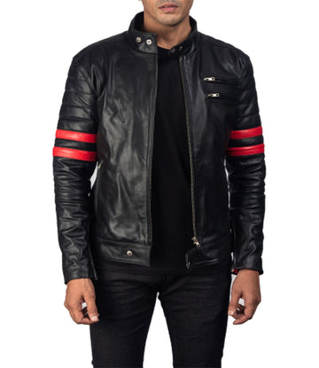 Men's Black Biker With Red Stripes Real Leather Jacket