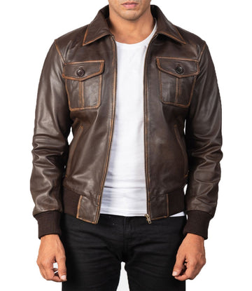 Men's Four Pockets Brown Bomber Leather Jacket