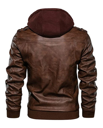 Men's Detachable Hooded Biker Motorcycle Leather Jacket