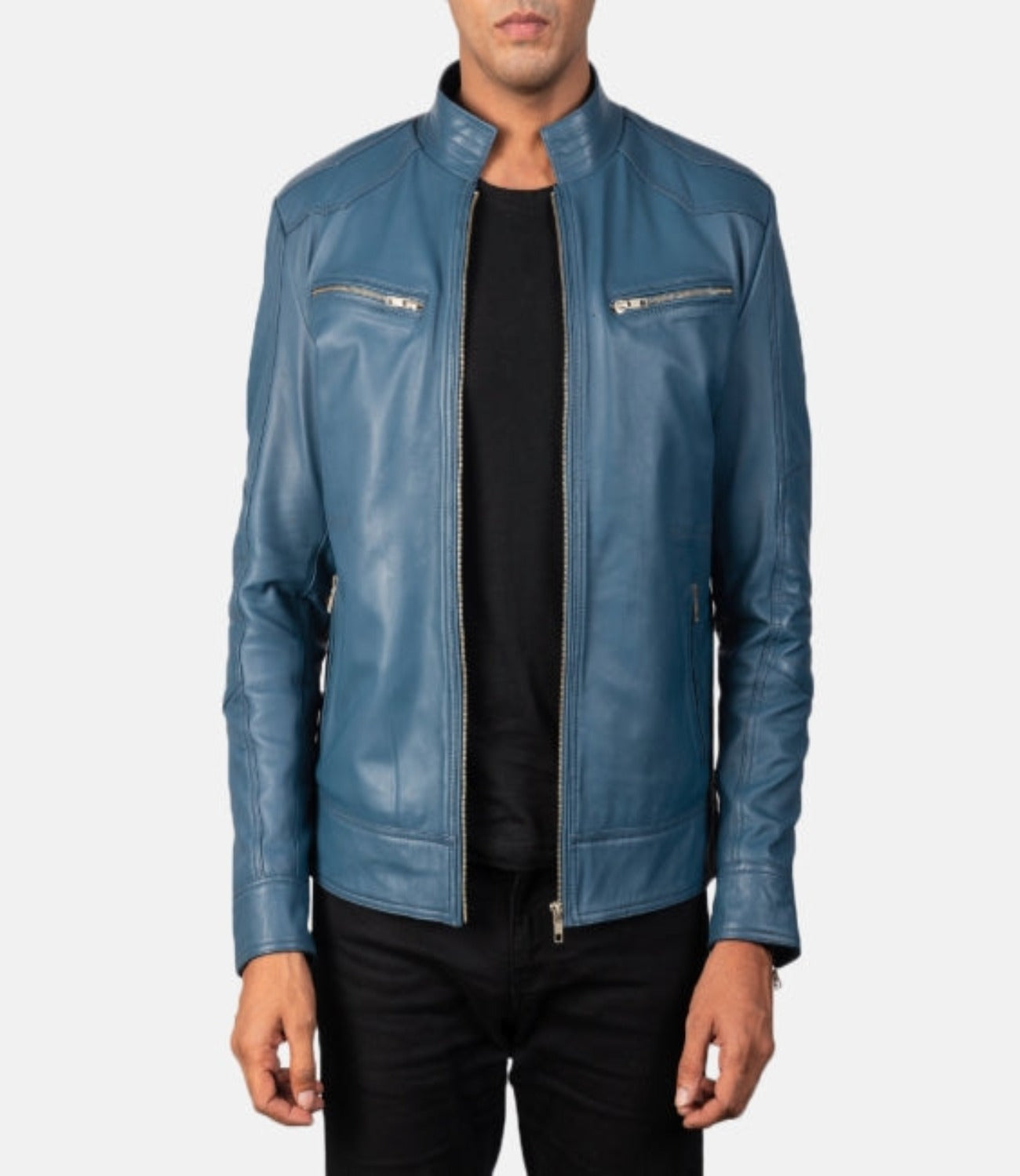 Men’s Blue Genuine Leather Biker Jacket