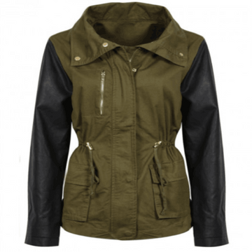Women’s Army Green Jacket with Black Leather Sleeves
