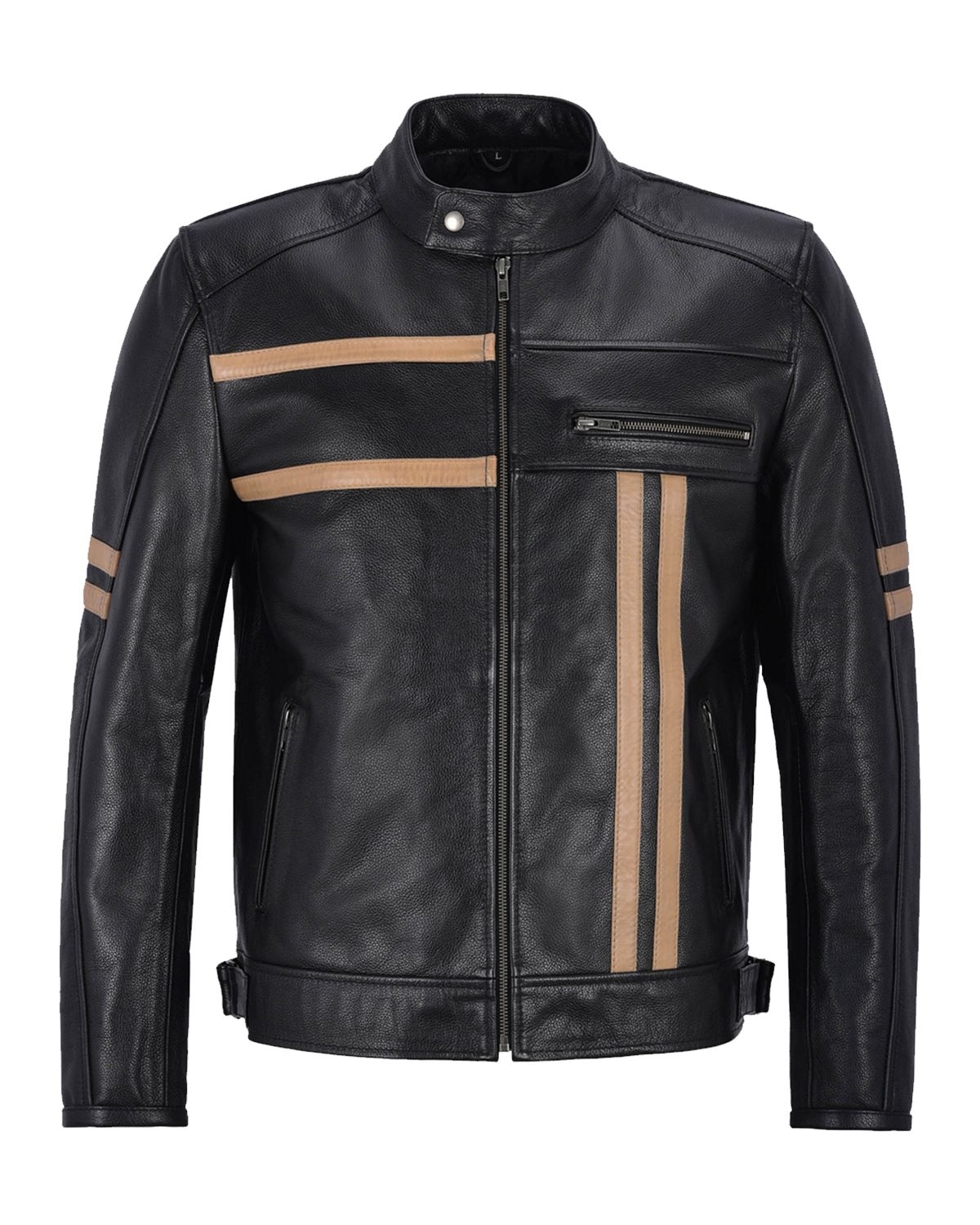 Men's Black With Beige Stripes Biker Motorcycle Leather Jacket