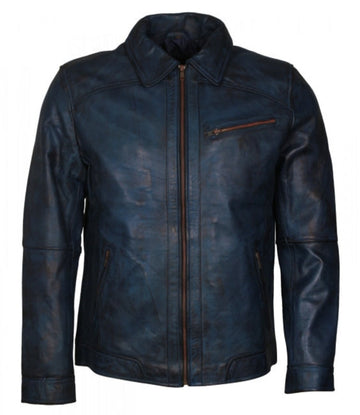 Quilted Blue Cafe Racer Men’s Leather Jacket