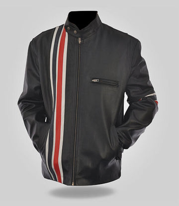 Men’s Black Strip Color Leather Jacket