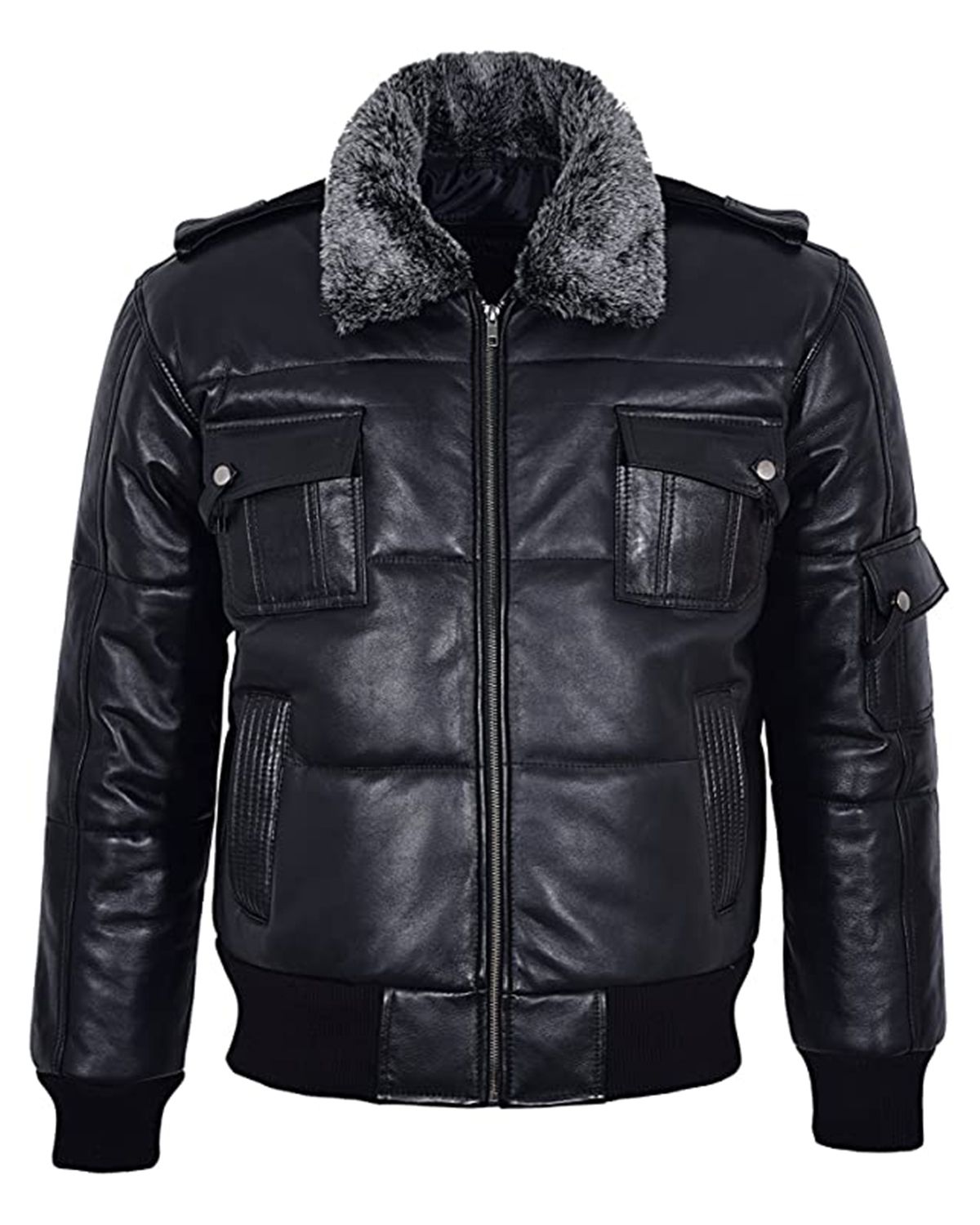 Men's Puffer Black Fur Collar Bomber Jacket