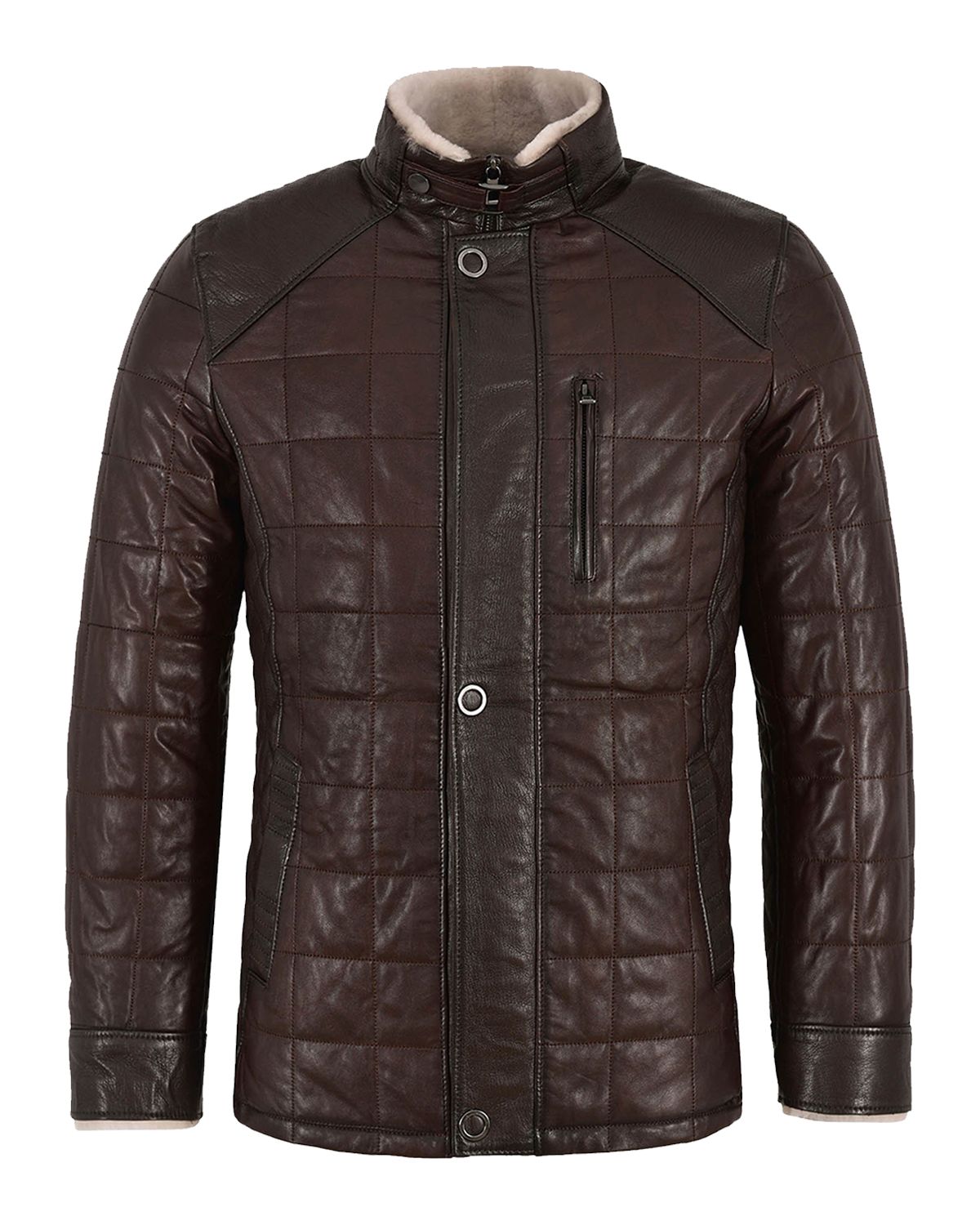 Men's Faux Shearling Quilted Brown Bomber Leather Jacket