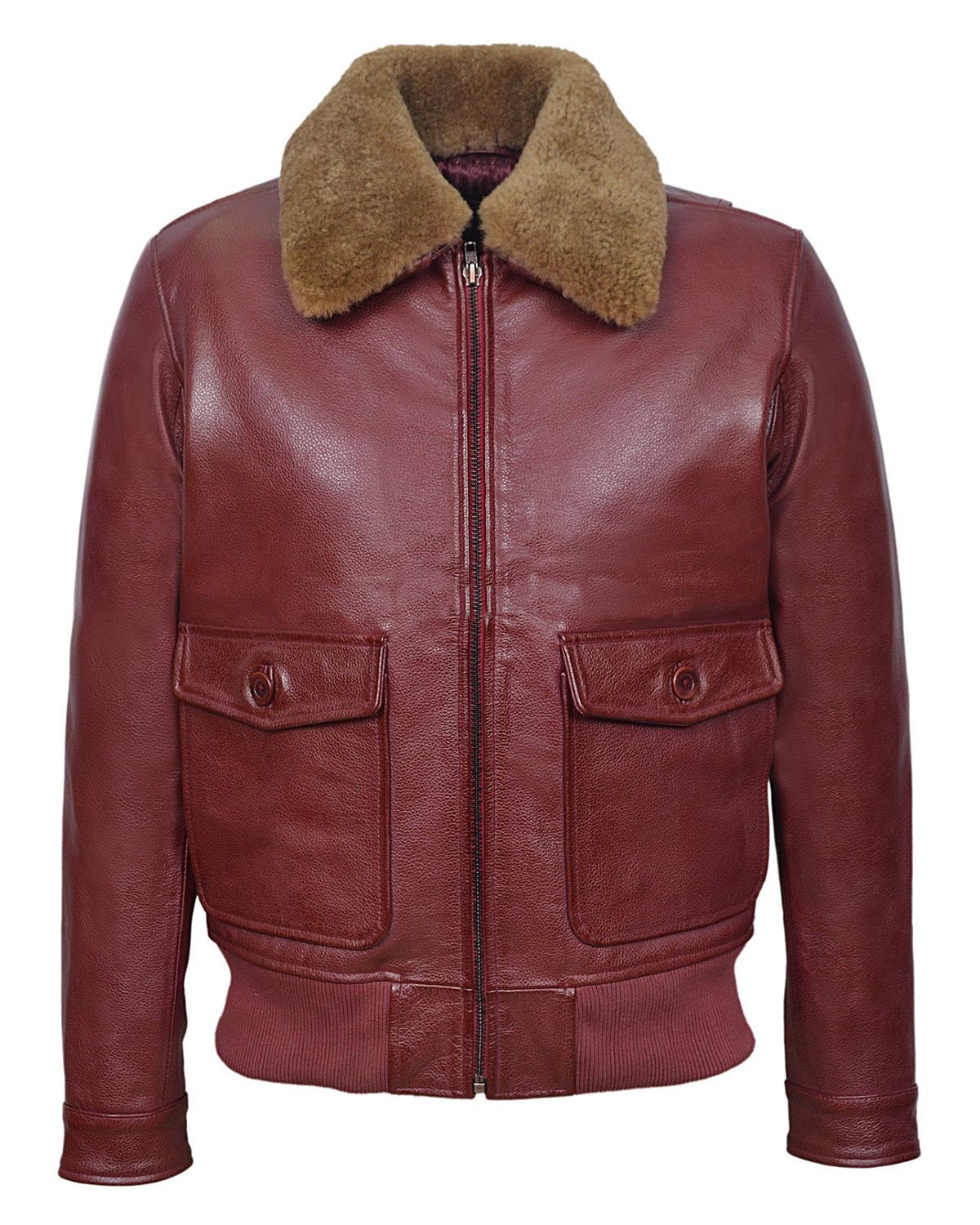 Men's Cherry Bomber Ginger Fur Collar Real Leather Jacket