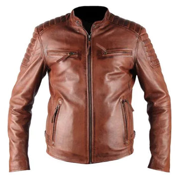 ATX 3 Cross Pockets Brown Waxed Genuine Real Leather Jacket