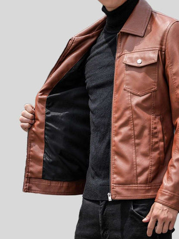 Men’s Shirt Collar Leather Jacket in Tan