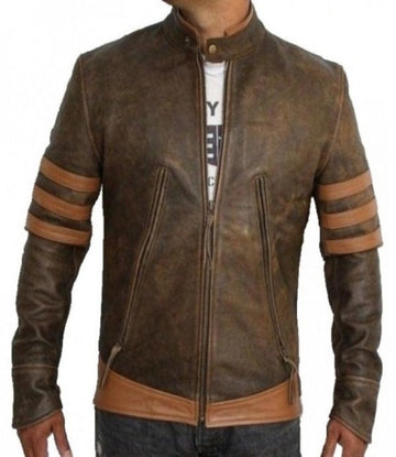 Men’s Brown Striped Genuine Leather Jacket