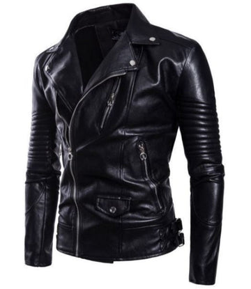 Black Leather Side Zipper Biker Jacket