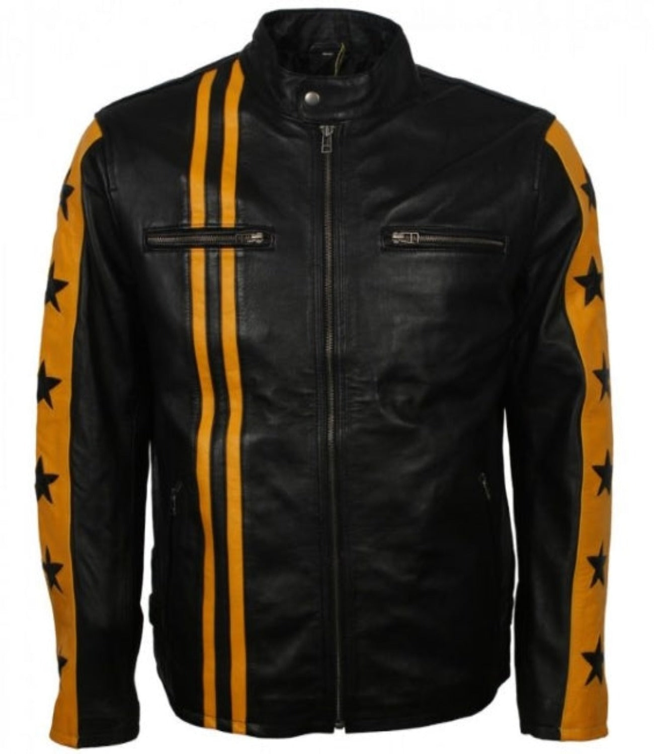 Yellow & Black Stars Striped Leather Jacket