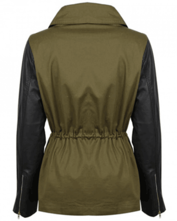 Women’s Army Green Jacket with Black Leather Sleeves