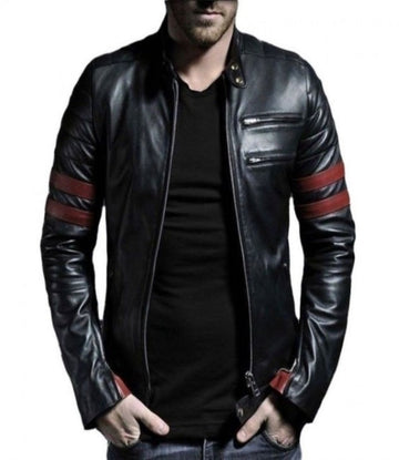 Men’s Black & Maroon Striped Leather Jacket