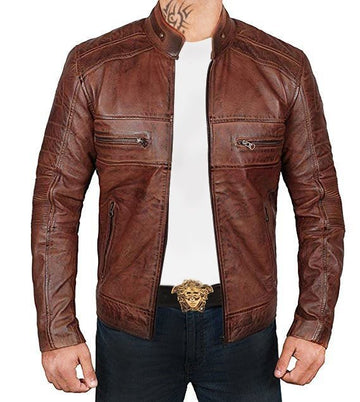 Men Brown Distressed Biker leather Jacket